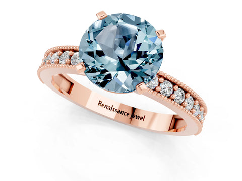 Rose gold Round Cut Aquamarine Milgrain Pavé Engagement Ring with Four-Prong Setting_1