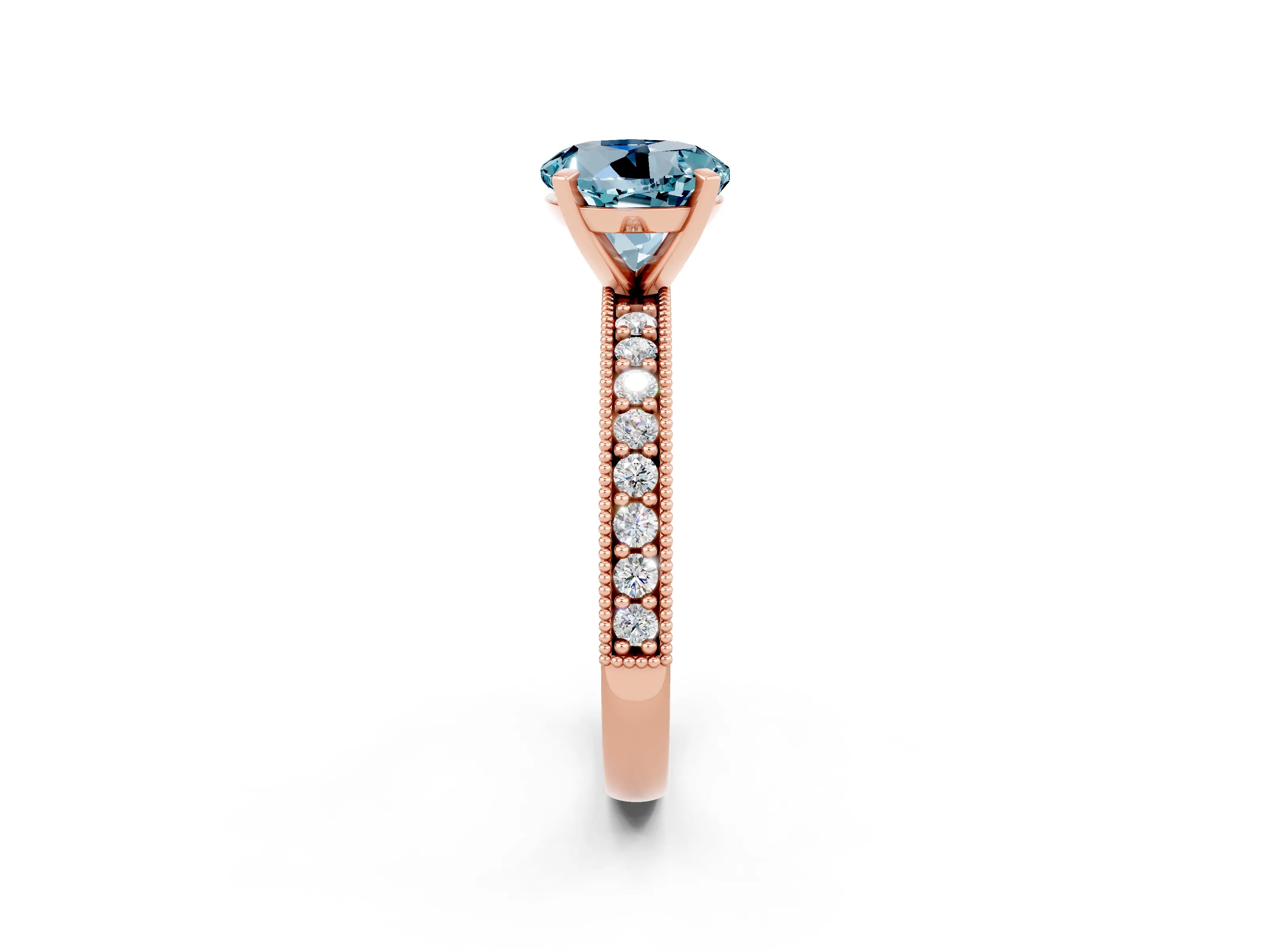 Rose gold Round Cut Aquamarine Milgrain Pavé Engagement Ring with Four-Prong Setting_2