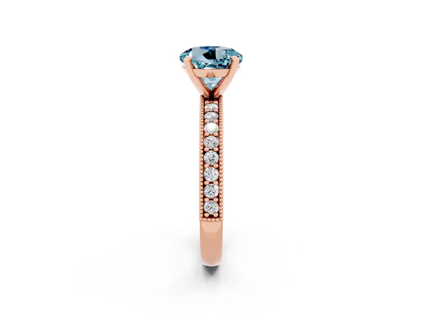 Rose gold Round Cut Aquamarine Milgrain Pavé Engagement Ring with Four-Prong Setting