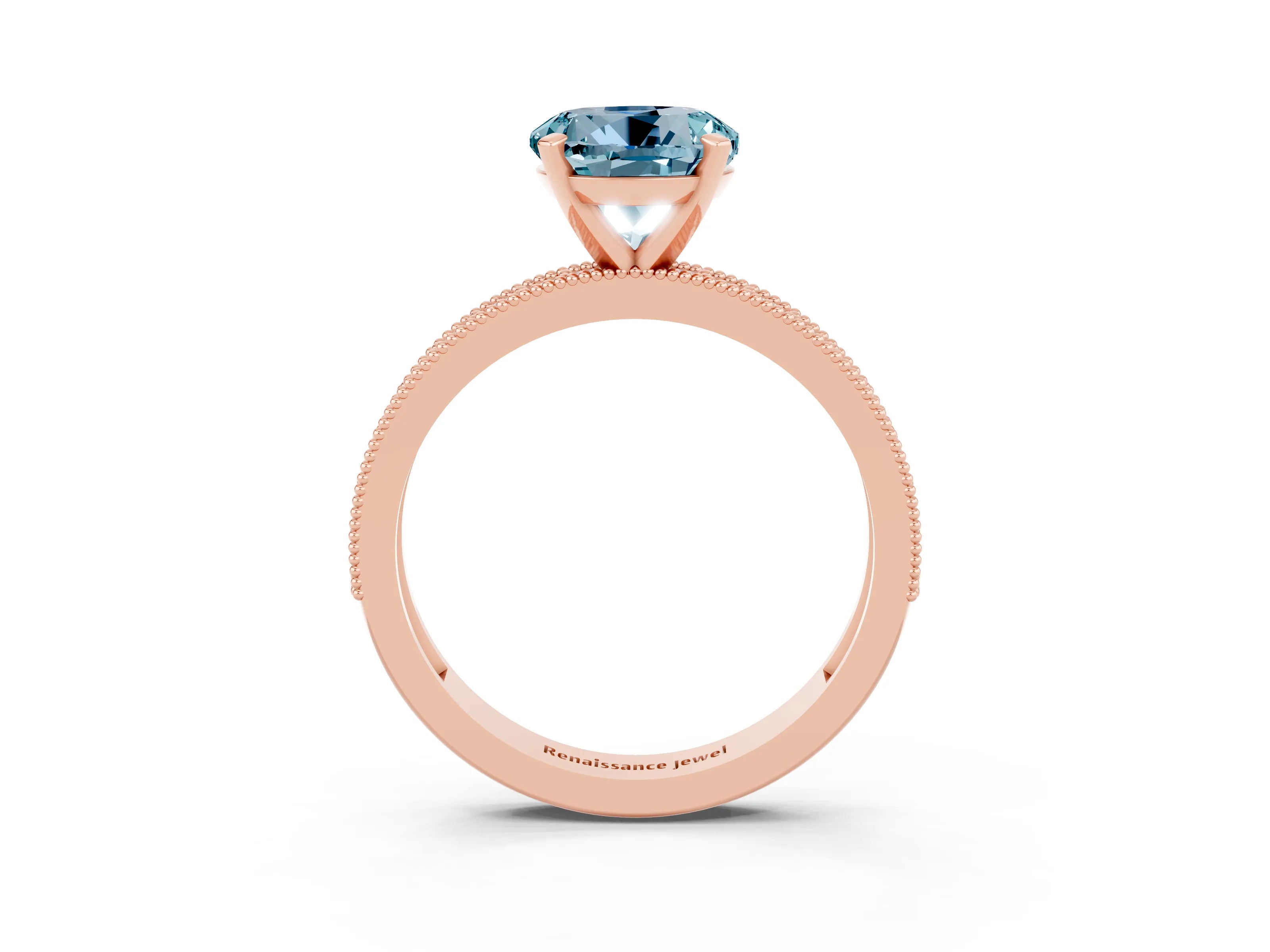 Rose gold Round Cut Aquamarine Milgrain Pavé Engagement Ring with Four-Prong Setting_3