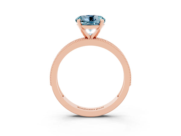 Rose gold Round Cut Aquamarine Milgrain Pavé Engagement Ring with Four-Prong Setting