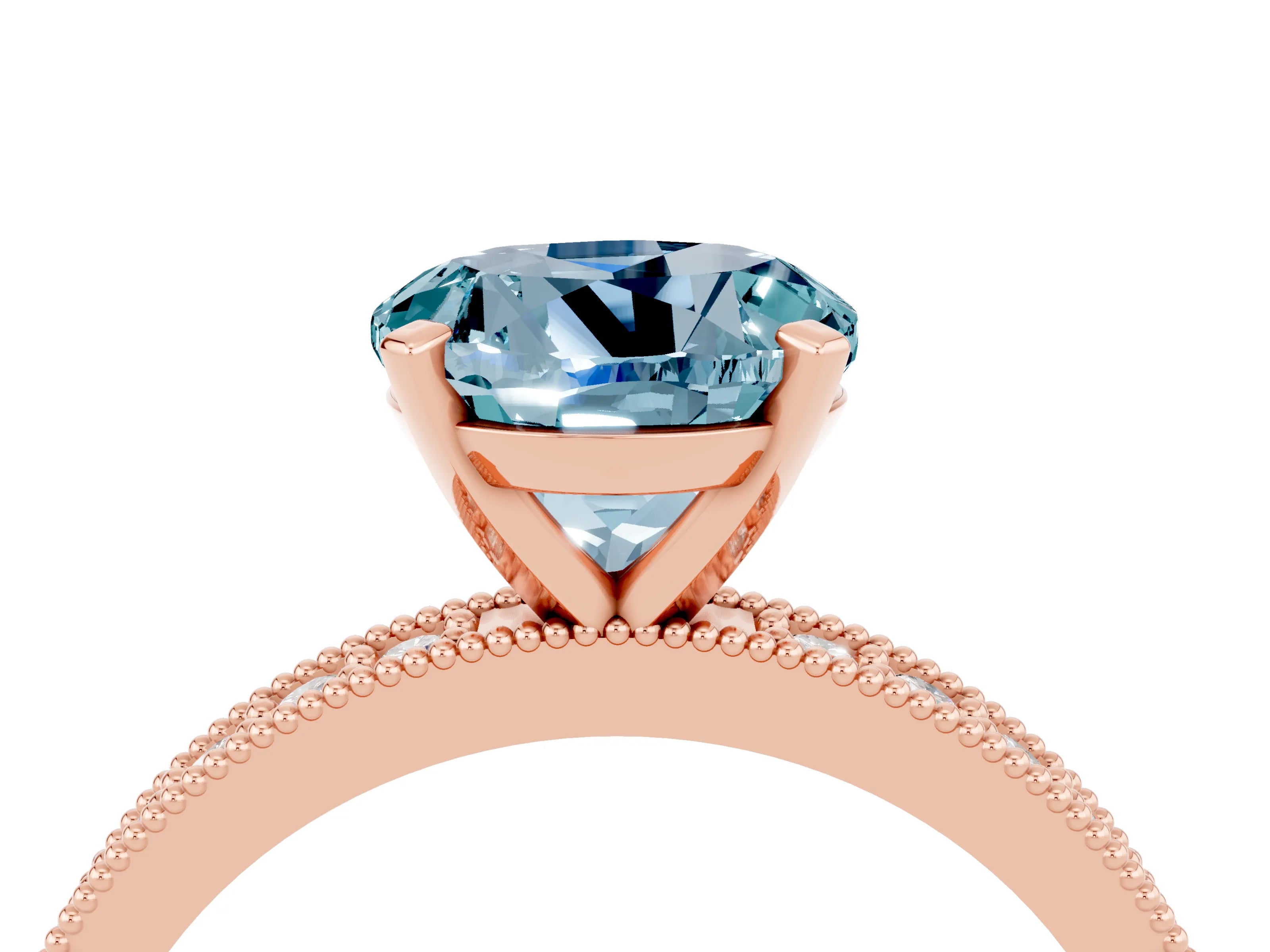 Rose gold Round Cut Aquamarine Milgrain Pavé Engagement Ring with Four-Prong Setting_4