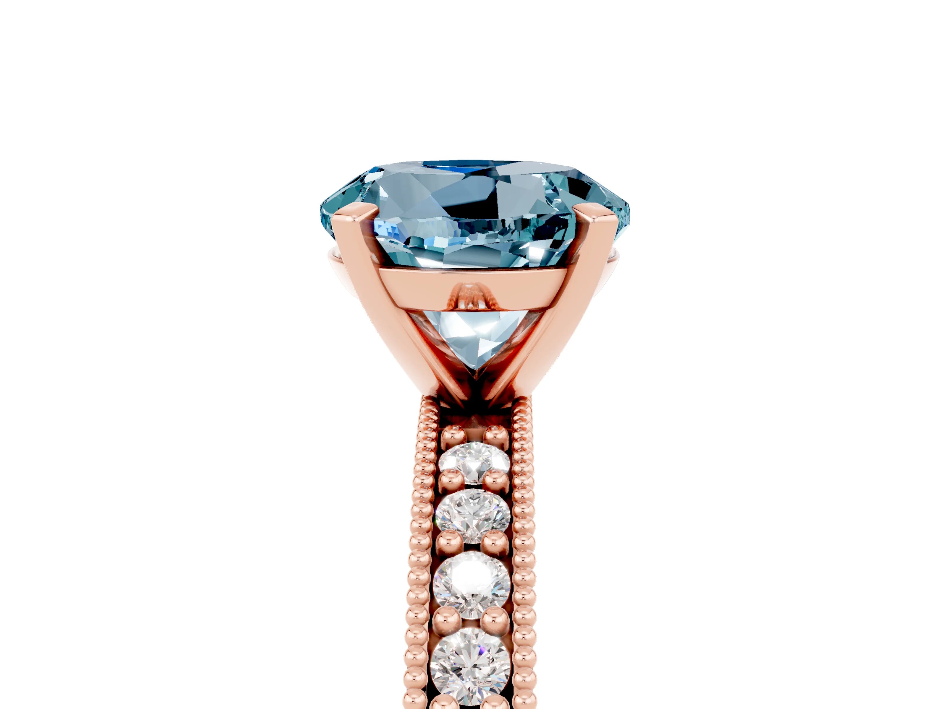 Rose gold Round Cut Aquamarine Milgrain Pavé Engagement Ring with Four-Prong Setting_5