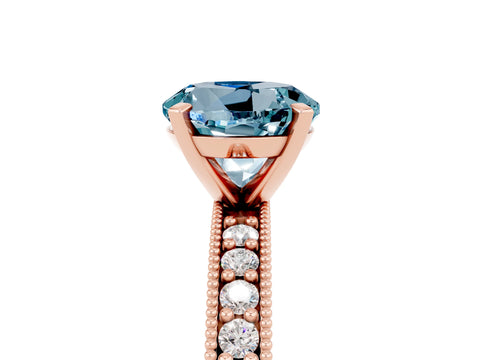 Rose gold Round Cut Aquamarine Milgrain Pavé Engagement Ring with Four-Prong Setting_5