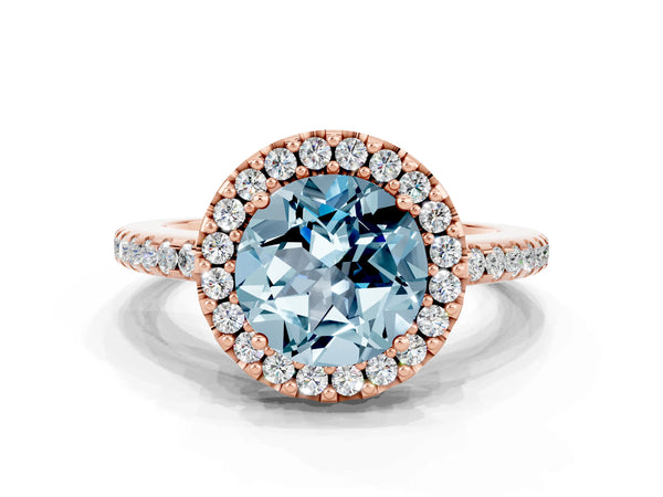 Rose gold Round Cut Aquamarine Pavé Halo Ring with Four-Prong Setting