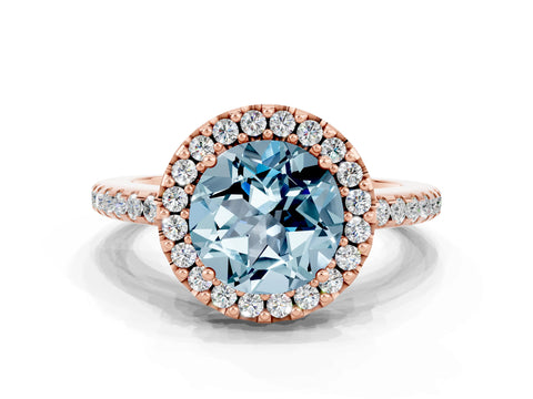 Rose gold Round Cut Aquamarine Pavé Halo Ring with Four-Prong Setting_12