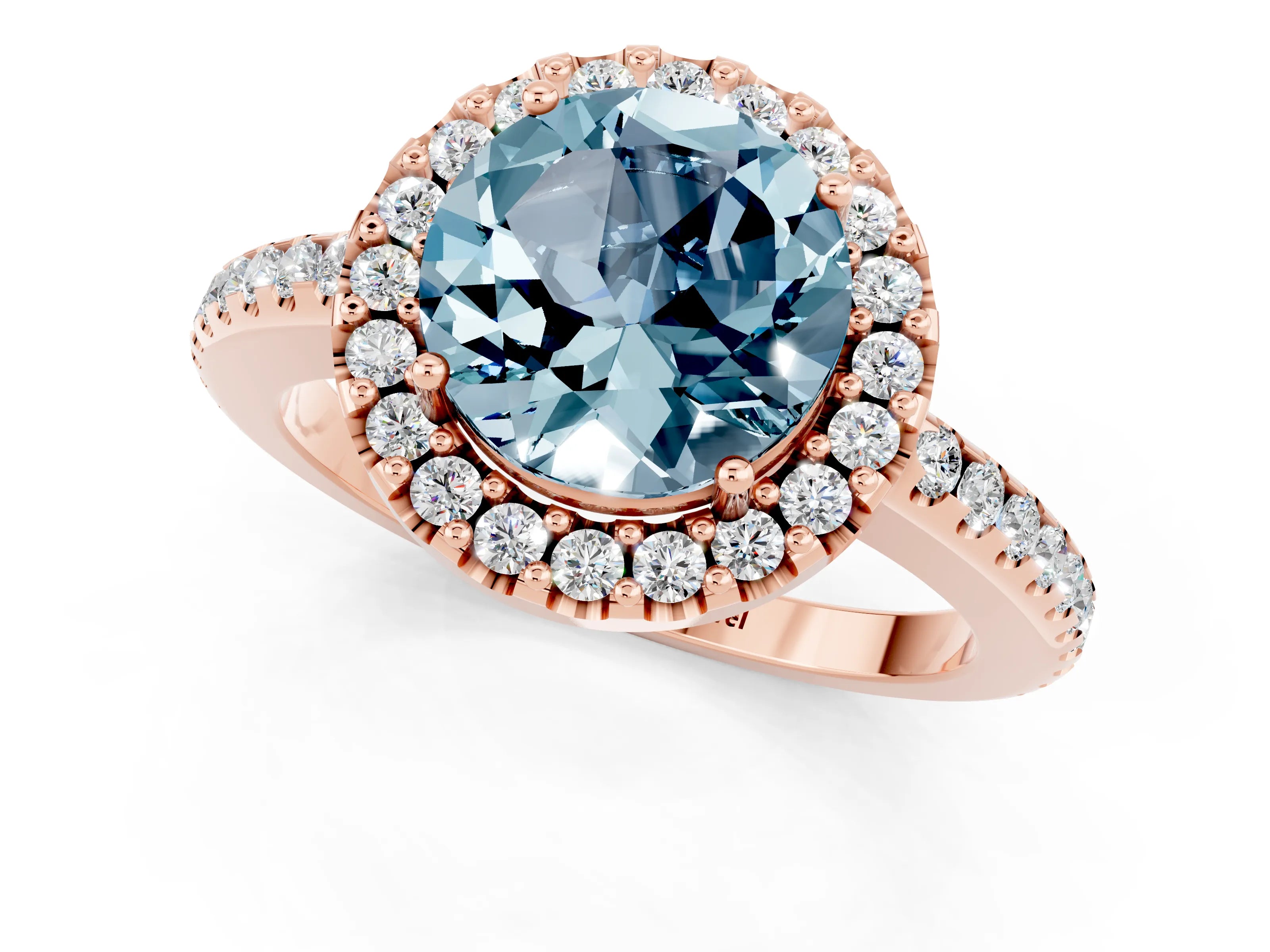 Rose gold Round Cut Aquamarine Pavé Halo Ring with Four-Prong Setting_13