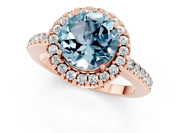 Rose gold Round Cut Aquamarine Pavé Halo Ring with Four-Prong Setting