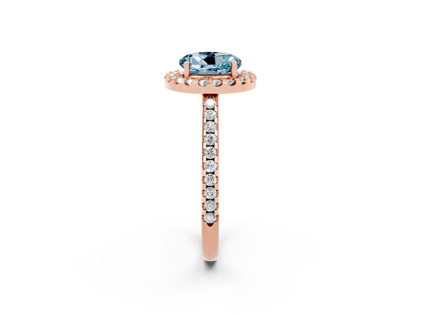 Rose gold Round Cut Aquamarine Pavé Halo Ring with Four-Prong Setting