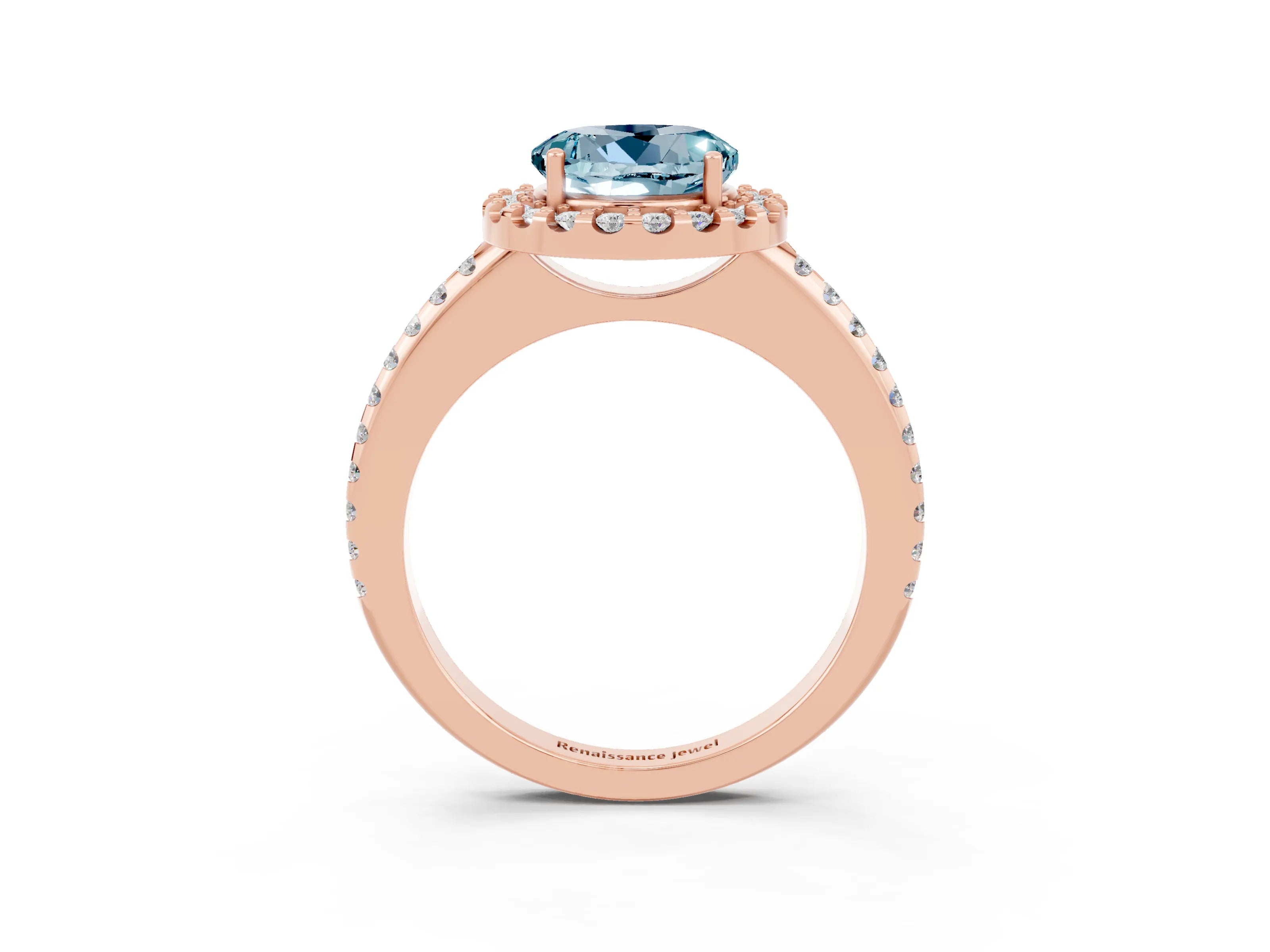 Rose gold Round Cut Aquamarine Pavé Halo Ring with Four-Prong Setting_15