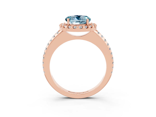 Rose gold Round Cut Aquamarine Pavé Halo Ring with Four-Prong Setting