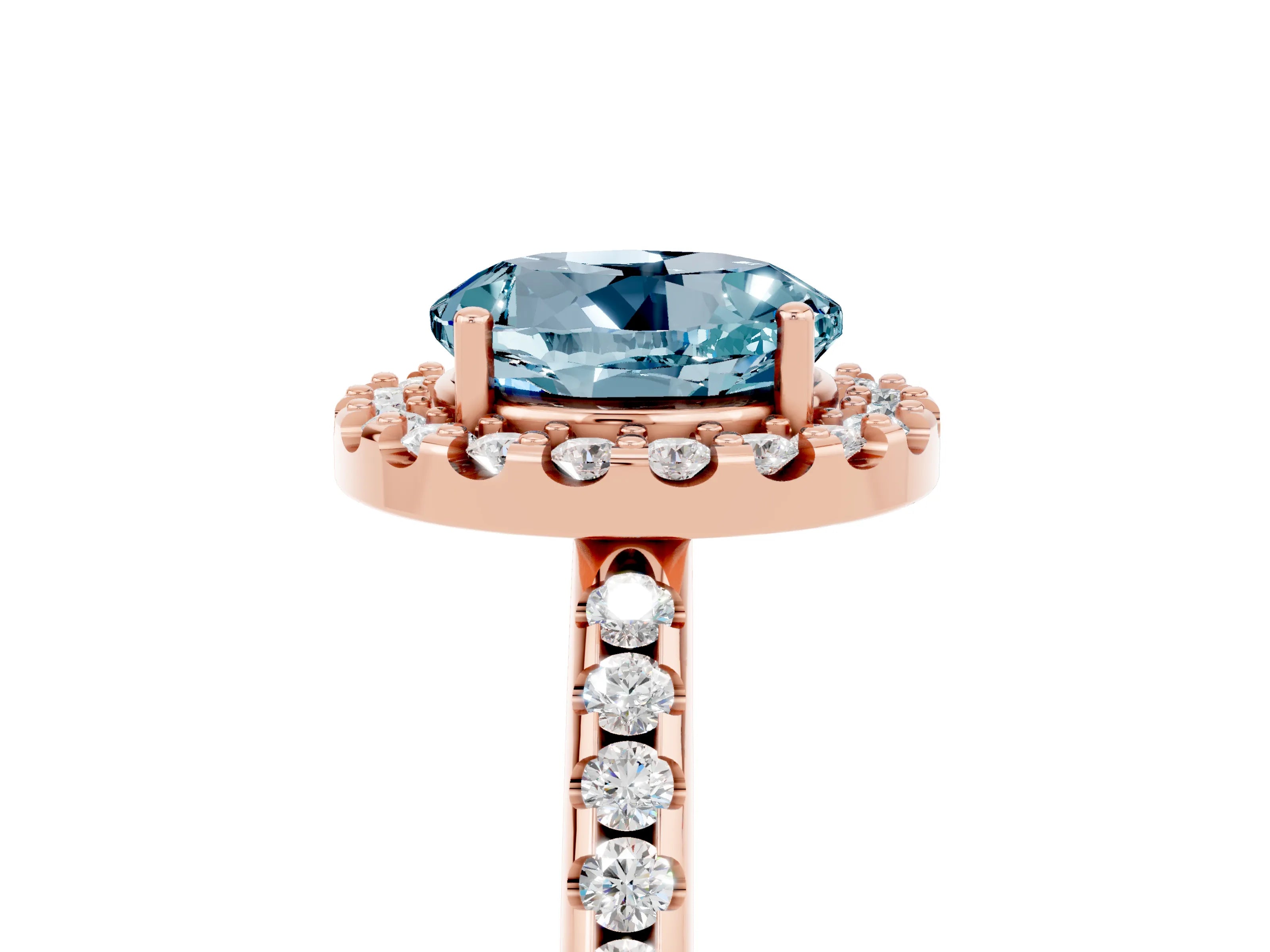 Rose gold Round Cut Aquamarine Pavé Halo Ring with Four-Prong Setting_17