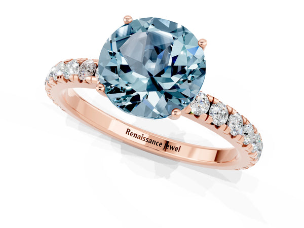 Rose gold Round Cut Aquamarine Pavé Solitaire Engagement Ring with Four-Prong Setting
