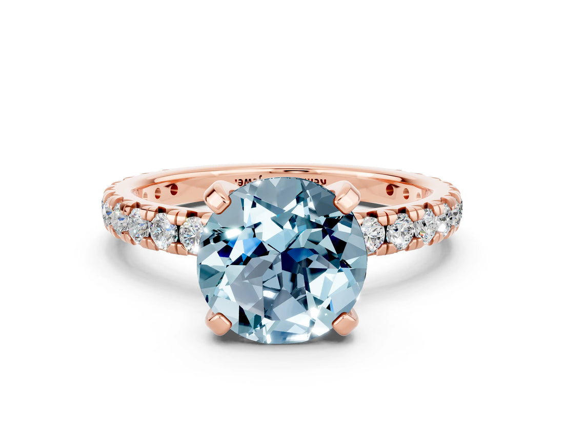 Rose gold Round Cut Aquamarine Pavé Solitaire Ring with Round Band and Prong Setting_24