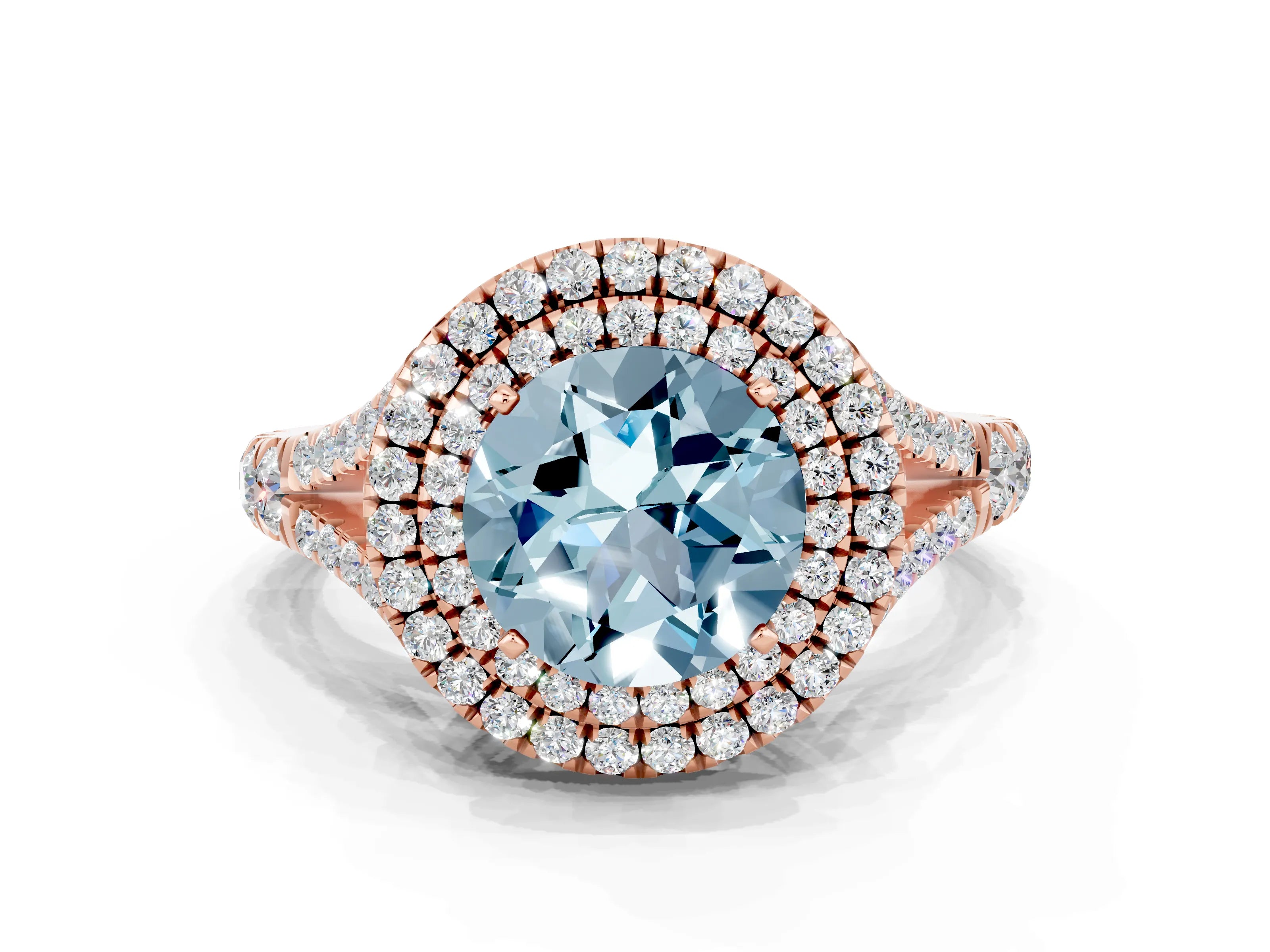 Rose gold Round Cut Aquamarine Pavé Split Shank Double Halo Engagement Ring