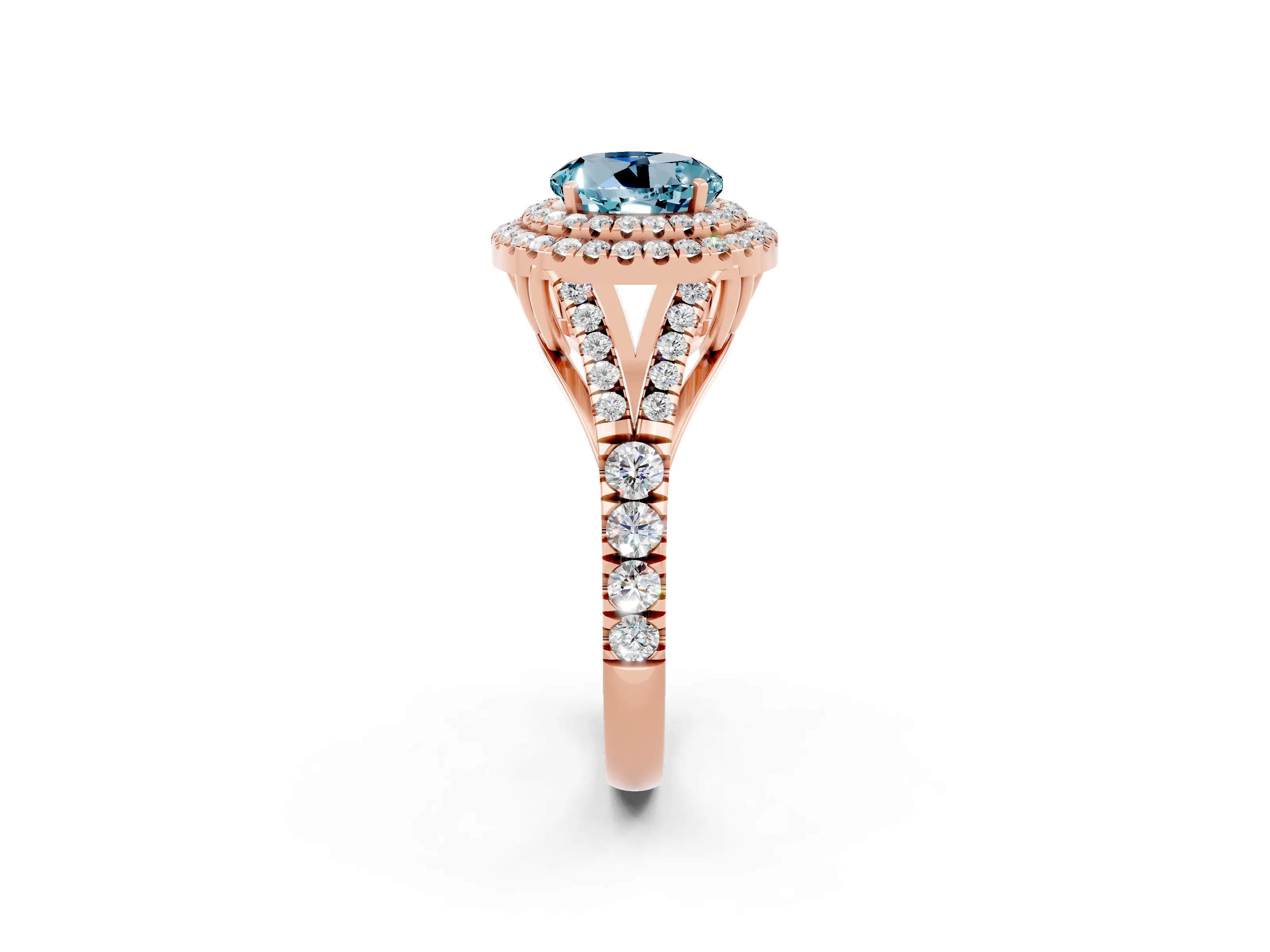 Rose gold Round Cut Aquamarine Pavé Split Shank Double Halo Engagement Ring_2