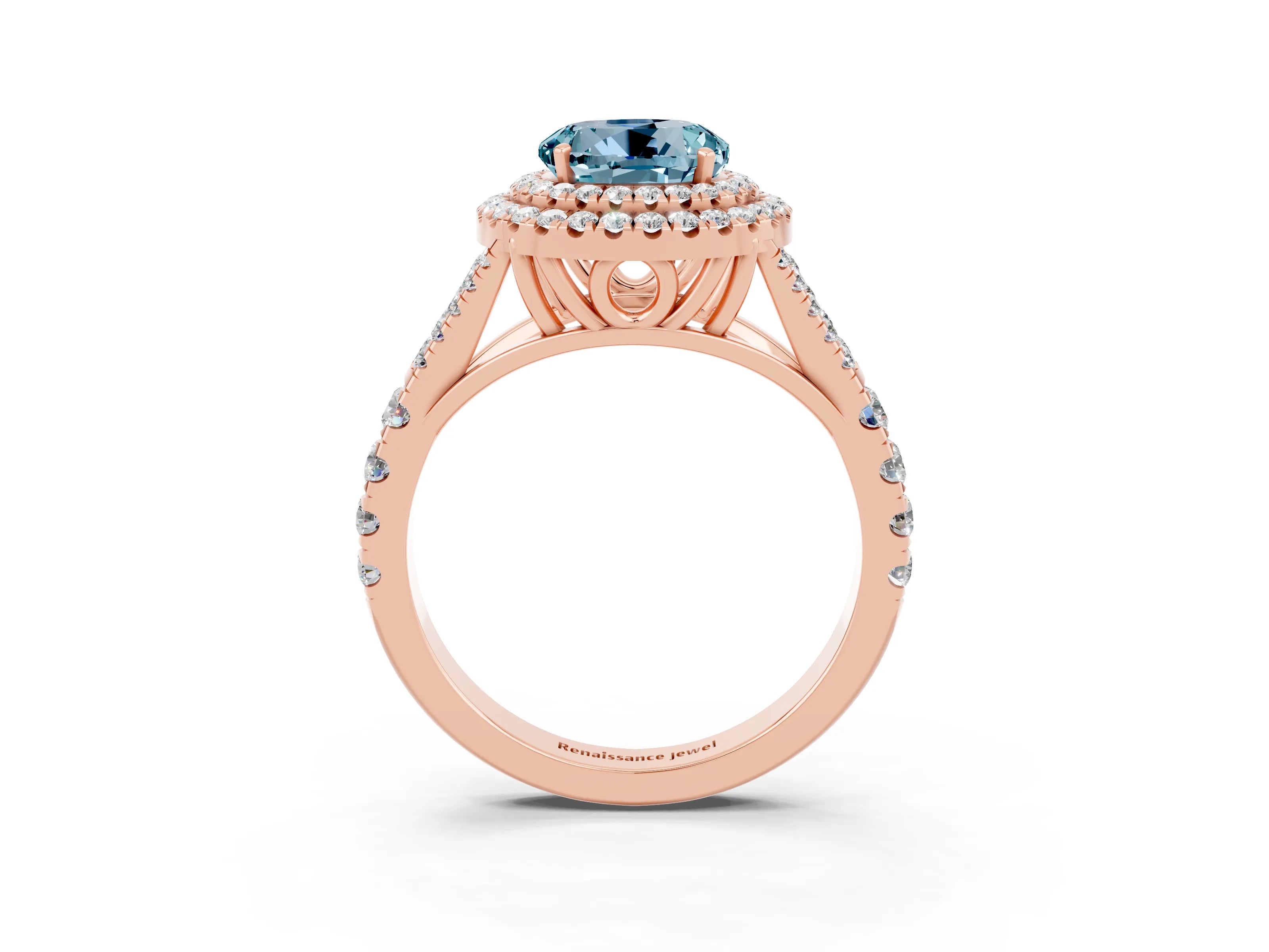 Rose gold Round Cut Aquamarine Pavé Split Shank Double Halo Engagement Ring_3