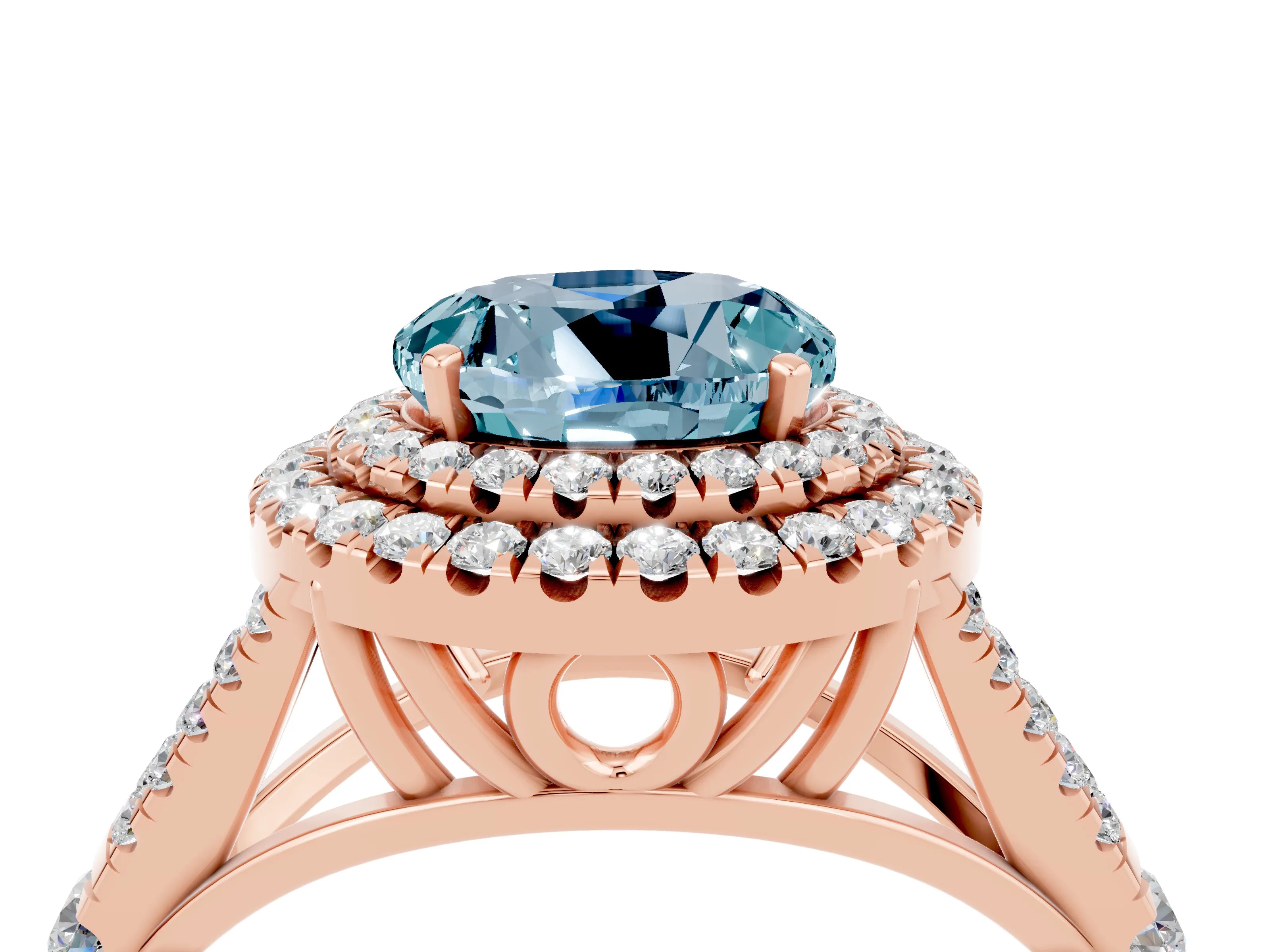 Rose gold Round Cut Aquamarine Pavé Split Shank Double Halo Engagement Ring_4