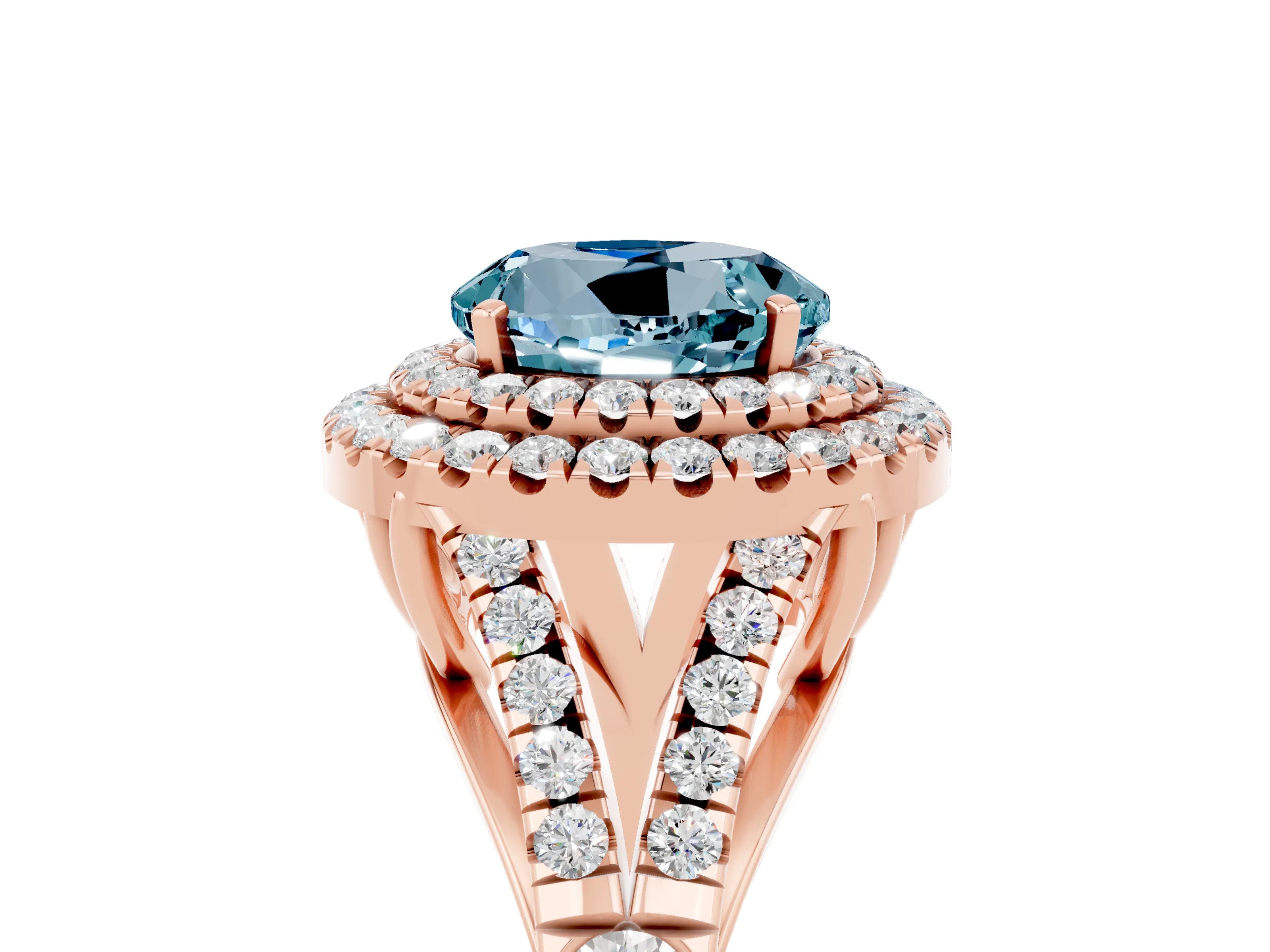 Rose gold Round Cut Aquamarine Pavé Split Shank Double Halo Engagement Ring_5