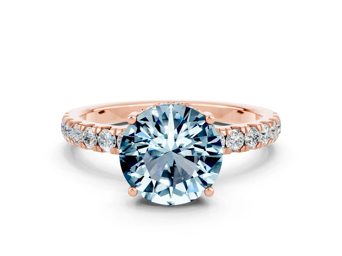Rose gold Round Cut Aquamarine Pave Band Solitaire Ring with Four-Prong Setting_24