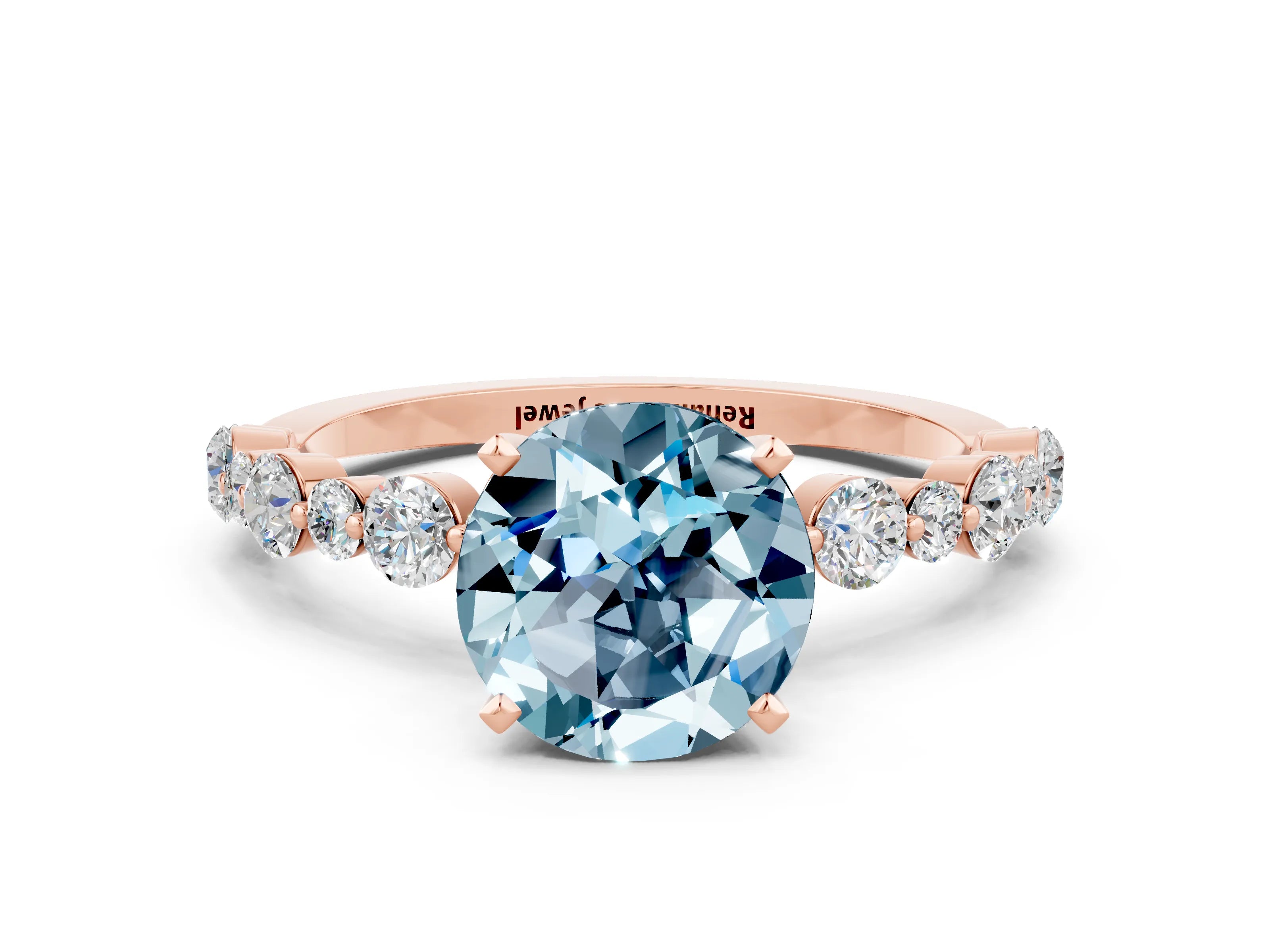 Rose gold Round Cut Aquamarine Prong Set Engagement Ring with Pavé Band