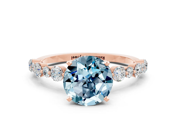 Rose gold Round Cut Aquamarine Prong Set Engagement Ring with Pavé Band