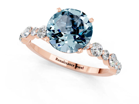 Rose gold Round Cut Aquamarine Prong Set Engagement Ring with Pavé Band_1