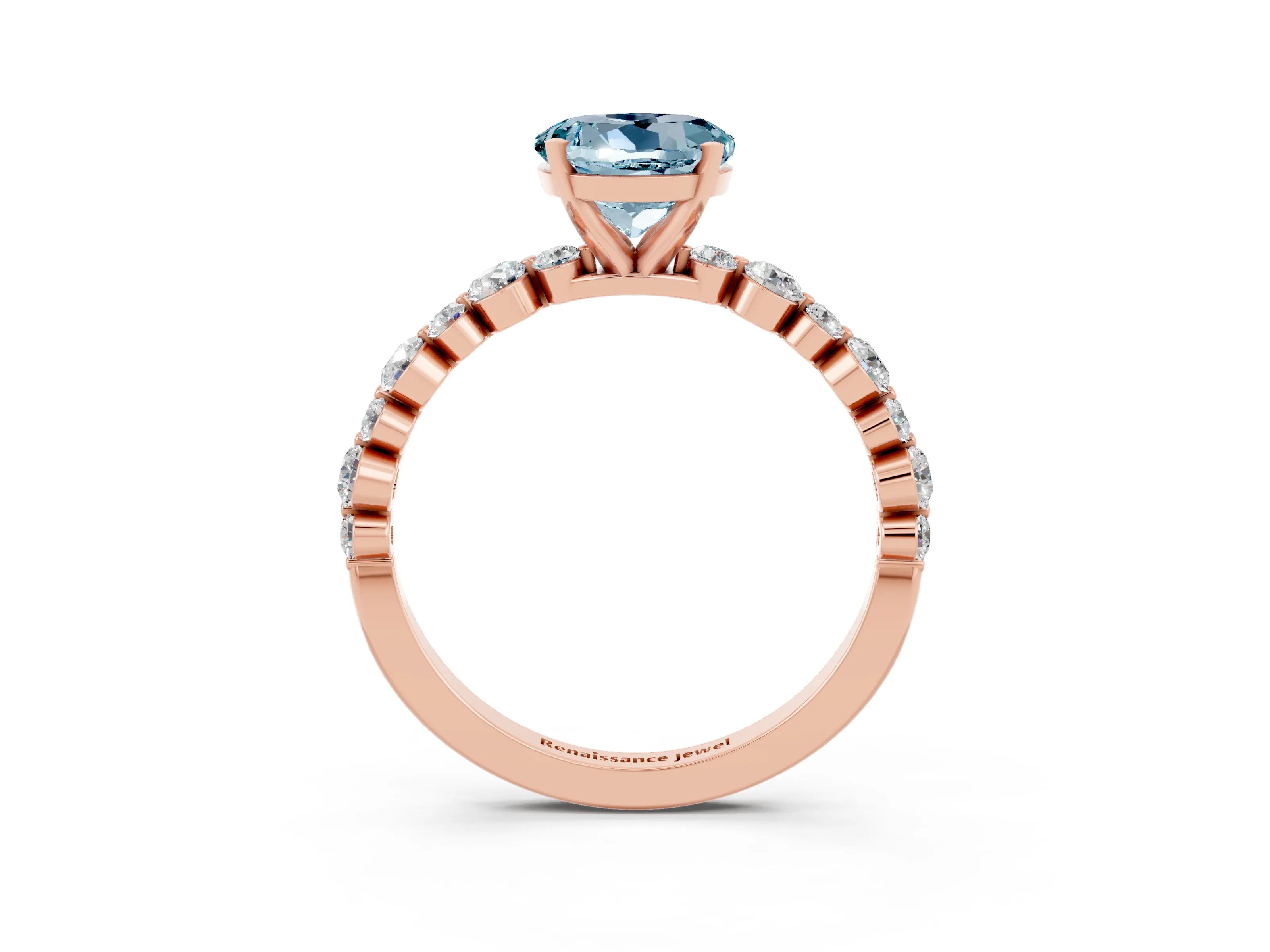 Rose gold Round Cut Aquamarine Prong Set Engagement Ring with Pavé Band_3