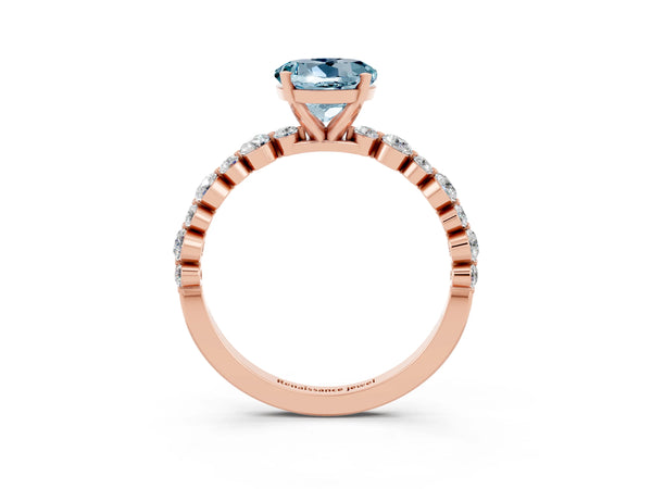 Rose gold Round Cut Aquamarine Prong Set Engagement Ring with Pavé Band