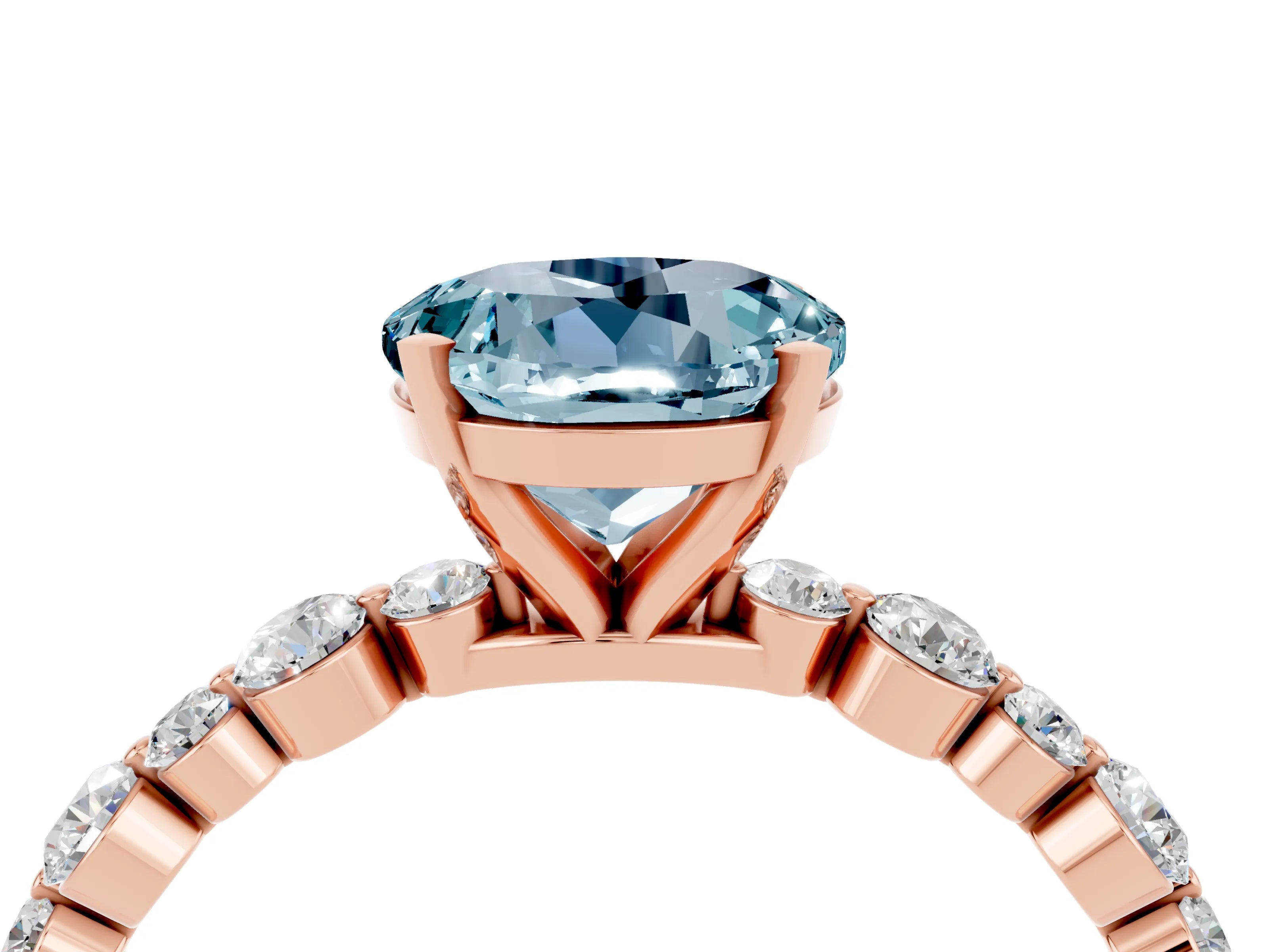 Rose gold Round Cut Aquamarine Prong Set Engagement Ring with Pavé Band_4