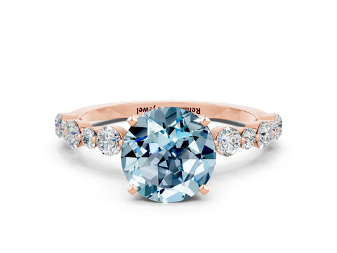 Rose gold Round Cut Aquamarine Prong Set Engagement Ring with Pavé Band