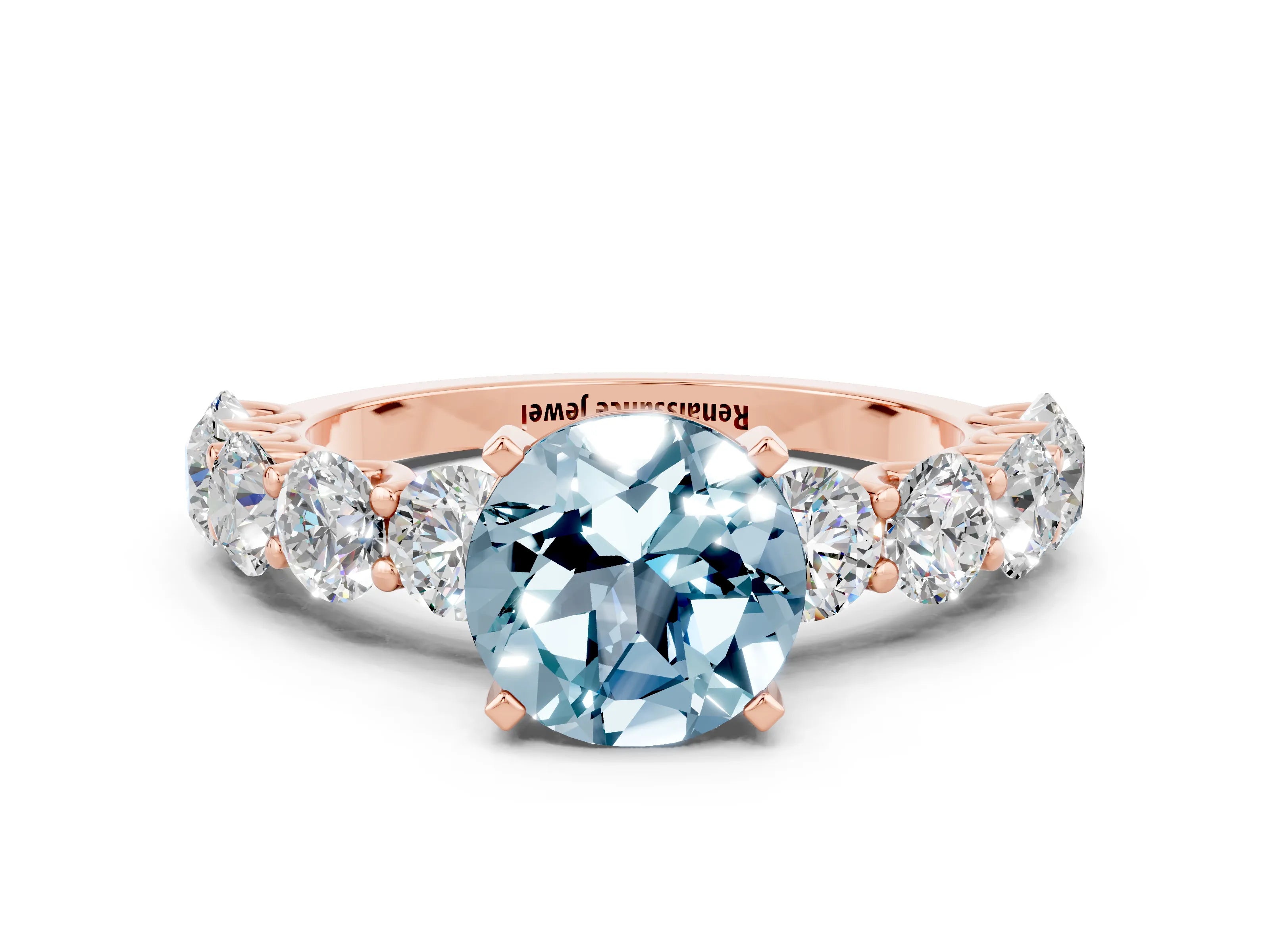 Rose gold Round Cut Aquamarine Prong Setting with Side Stones on a Pave Band
