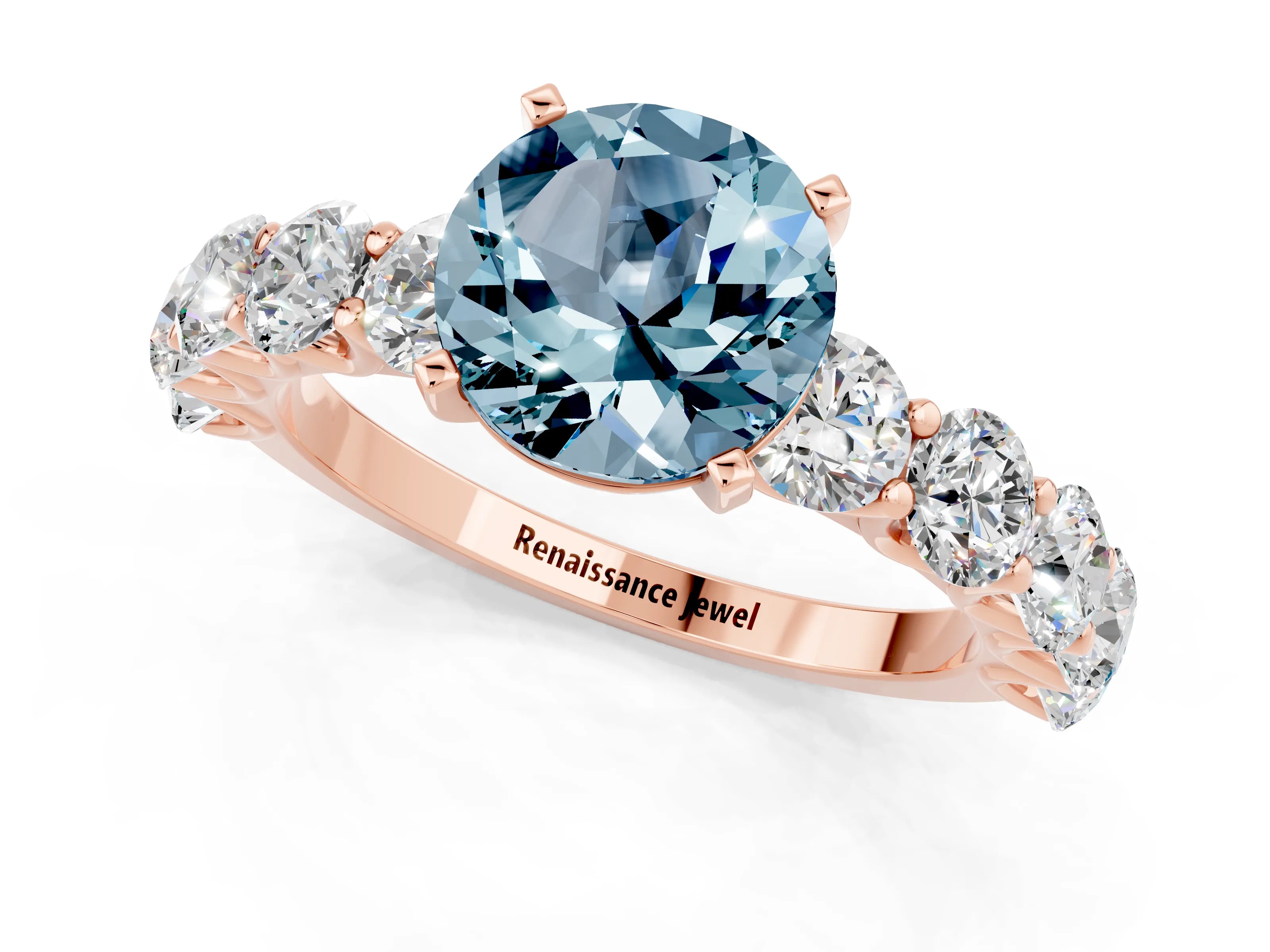 Rose gold Round Cut Aquamarine Prong Setting with Side Stones on a Pave Band_1