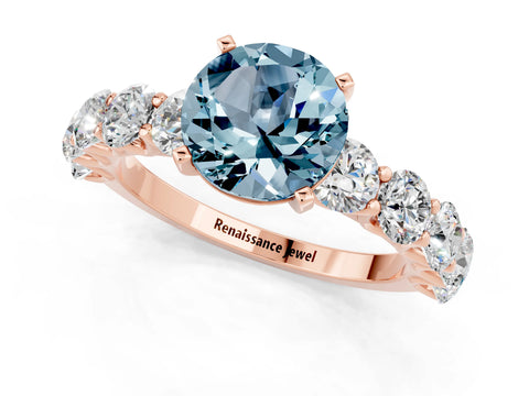 Rose gold Round Cut Aquamarine Prong Setting with Side Stones on a Pave Band_1
