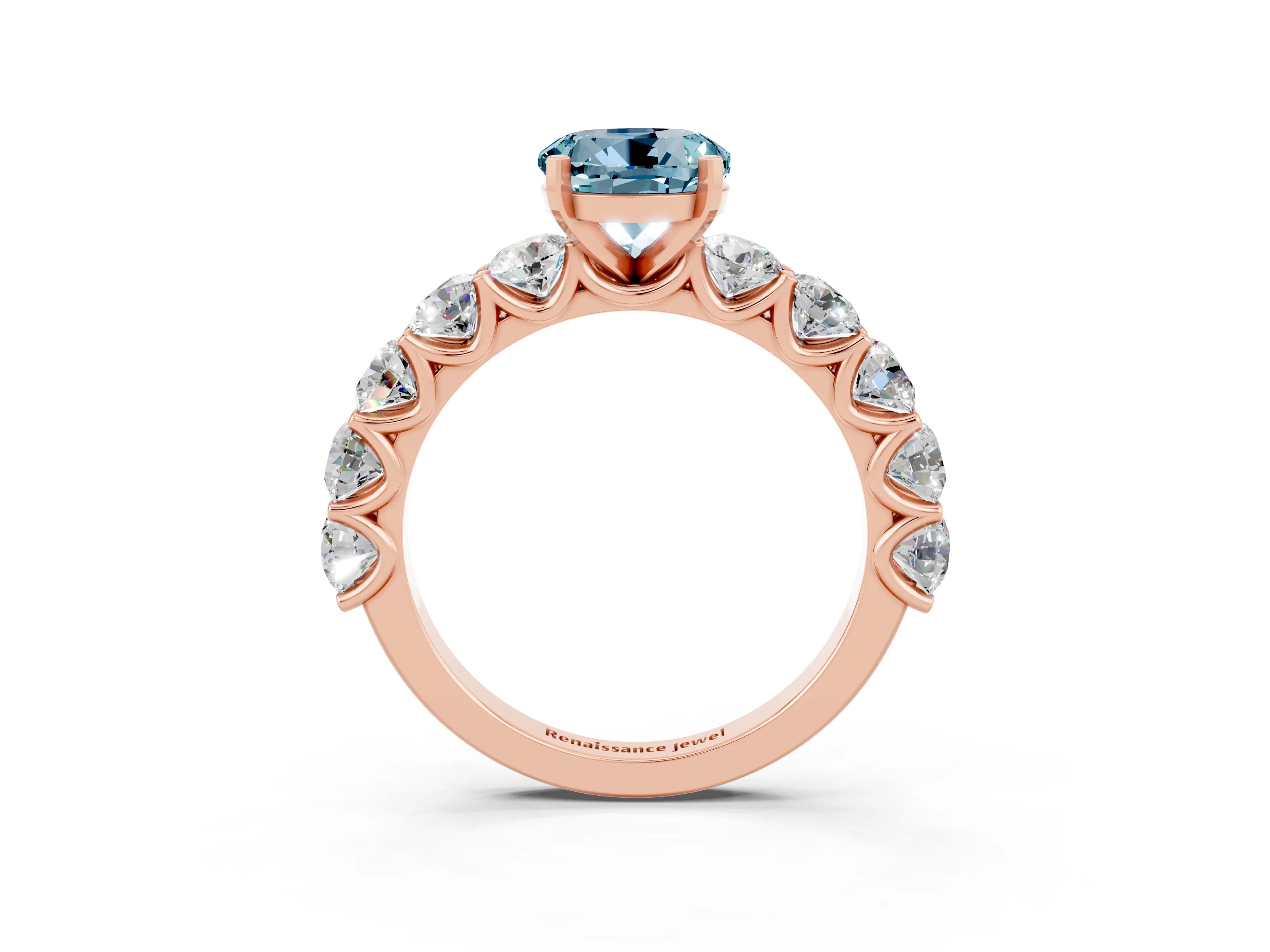 Rose gold Round Cut Aquamarine Prong Setting with Side Stones on a Pave Band_3