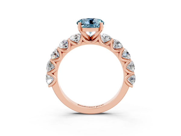 Rose gold Round Cut Aquamarine Prong Setting with Side Stones on a Pave Band