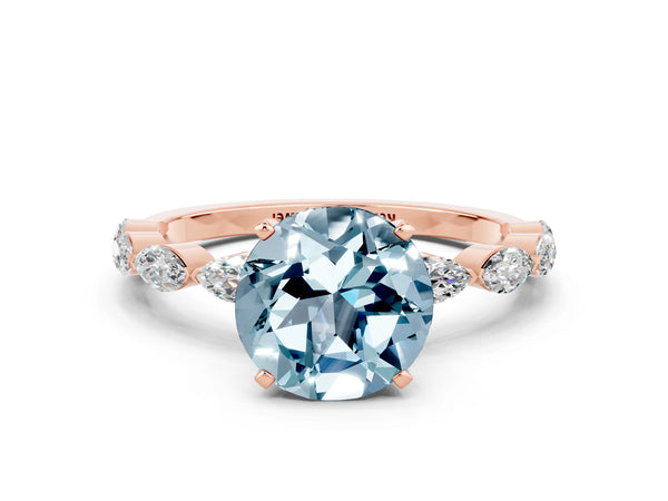 Rose gold Round Cut Aquamarine Ring with Marquise Side Stones and Prong Setting