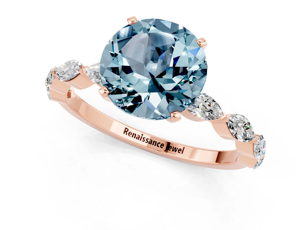 Rose gold Round Cut Aquamarine Ring with Marquise Side Stones and Prong Setting