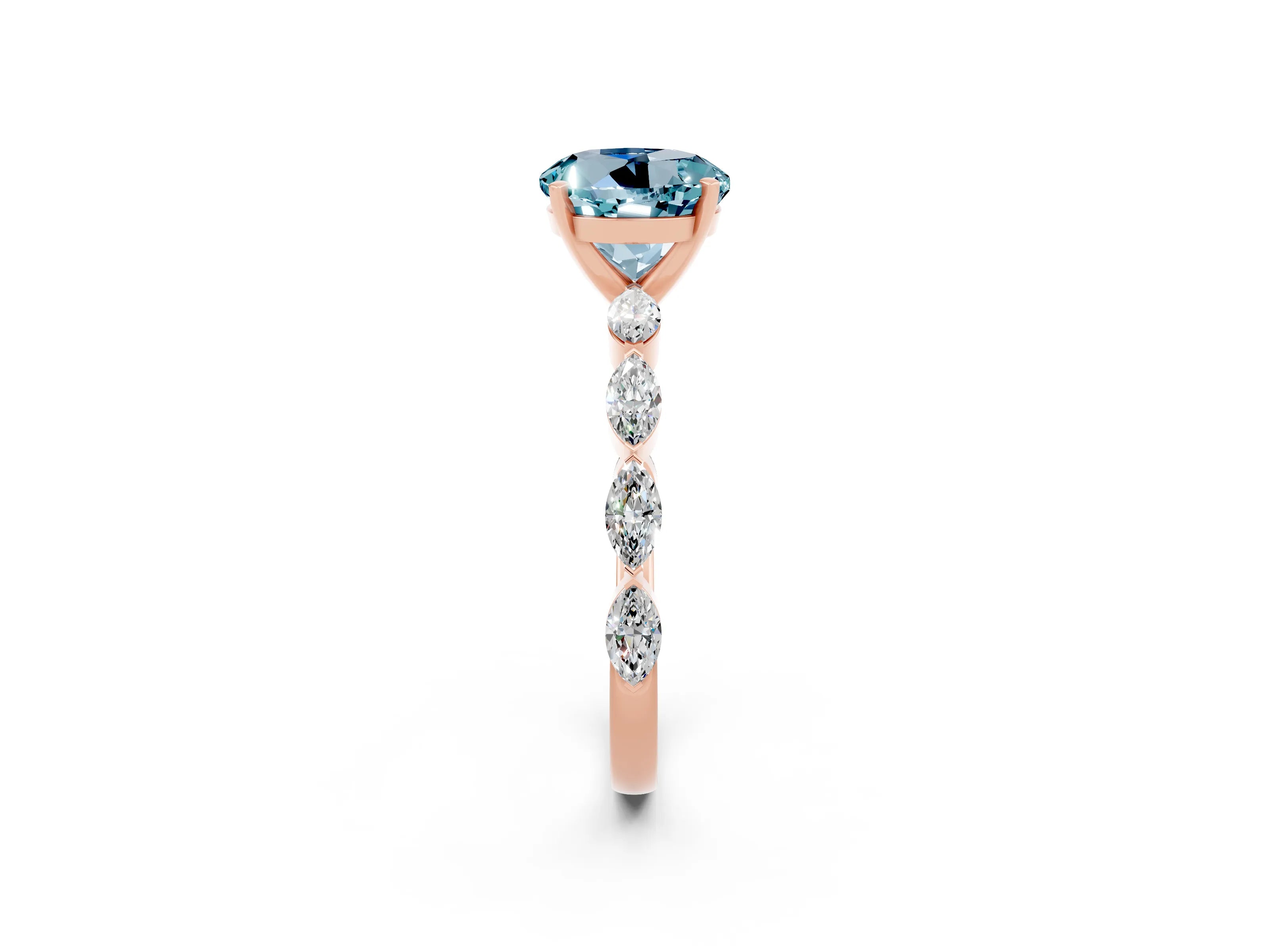 Rose gold Round Cut Aquamarine Ring with Marquise Side Stones and Prong Setting_2