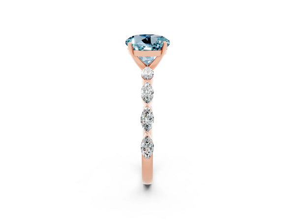 Rose gold Round Cut Aquamarine Ring with Marquise Side Stones and Prong Setting