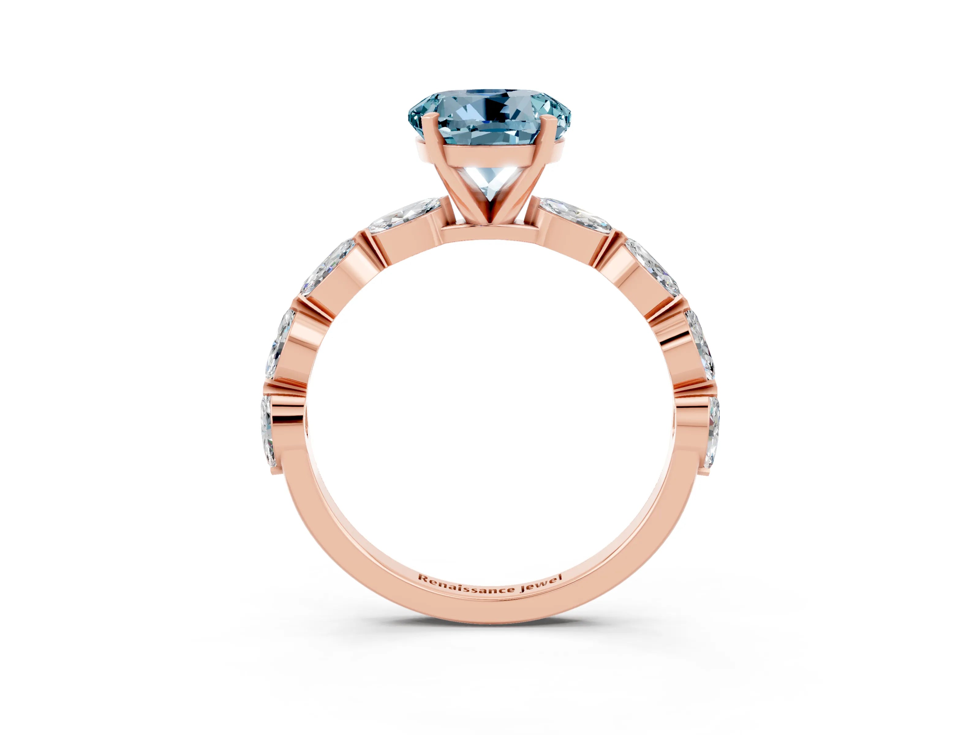 Rose gold Round Cut Aquamarine Ring with Marquise Side Stones and Prong Setting_3
