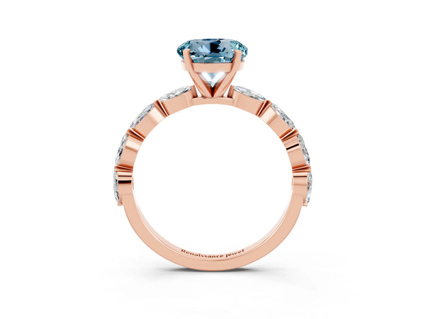 Rose gold Round Cut Aquamarine Ring with Marquise Side Stones and Prong Setting