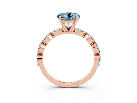 Rose gold Round Cut Aquamarine Ring with Marquise Side Stones and Prong Setting_3