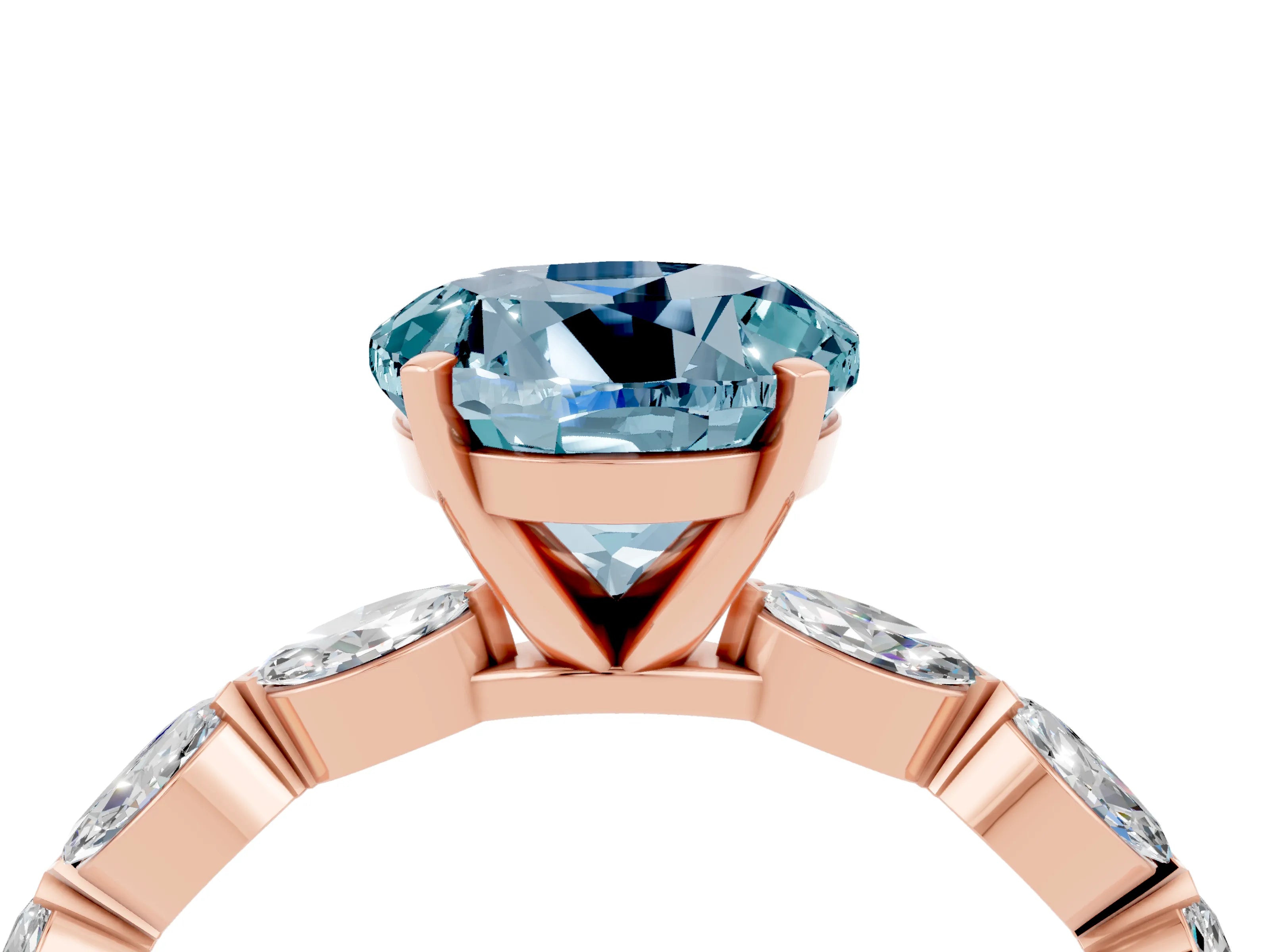 Rose gold Round Cut Aquamarine Ring with Marquise Side Stones and Prong Setting_4