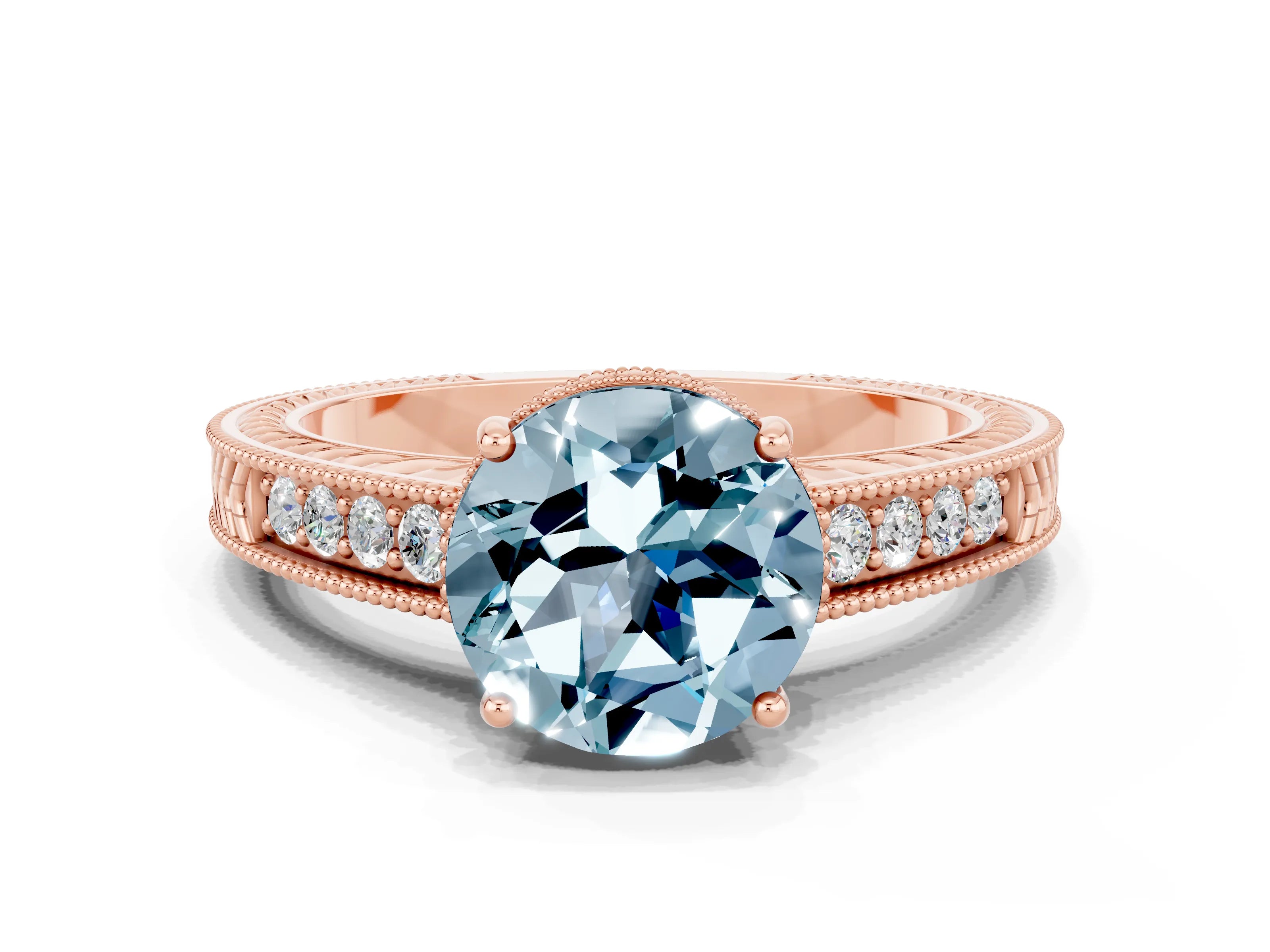 Rose gold Round Cut Aquamarine Ring with Milgrain Pavé Band and Four-Prong Setting_12