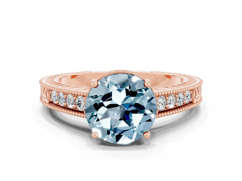 Rose gold Round Cut Aquamarine Ring with Milgrain Pavé Band and Four-Prong Setting_12