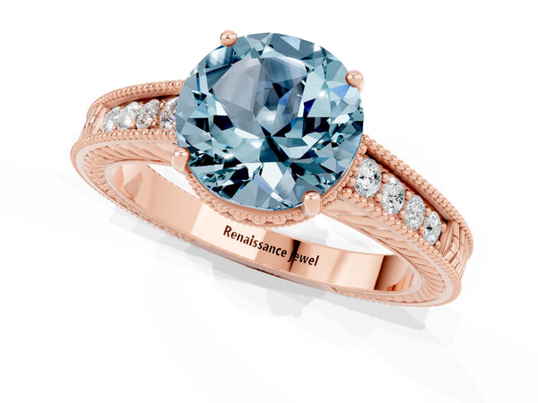 Rose gold Round Cut Aquamarine Ring with Milgrain Pavé Band and Four-Prong Setting