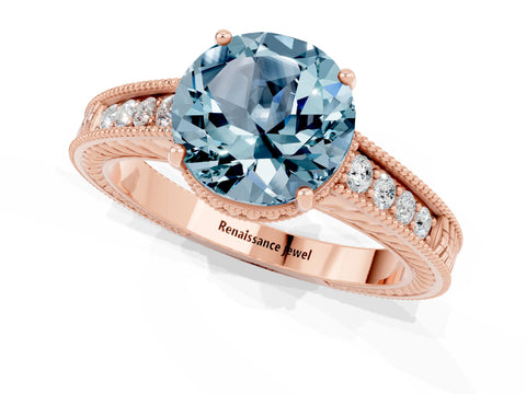 Rose gold Round Cut Aquamarine Ring with Milgrain Pavé Band and Four-Prong Setting_13