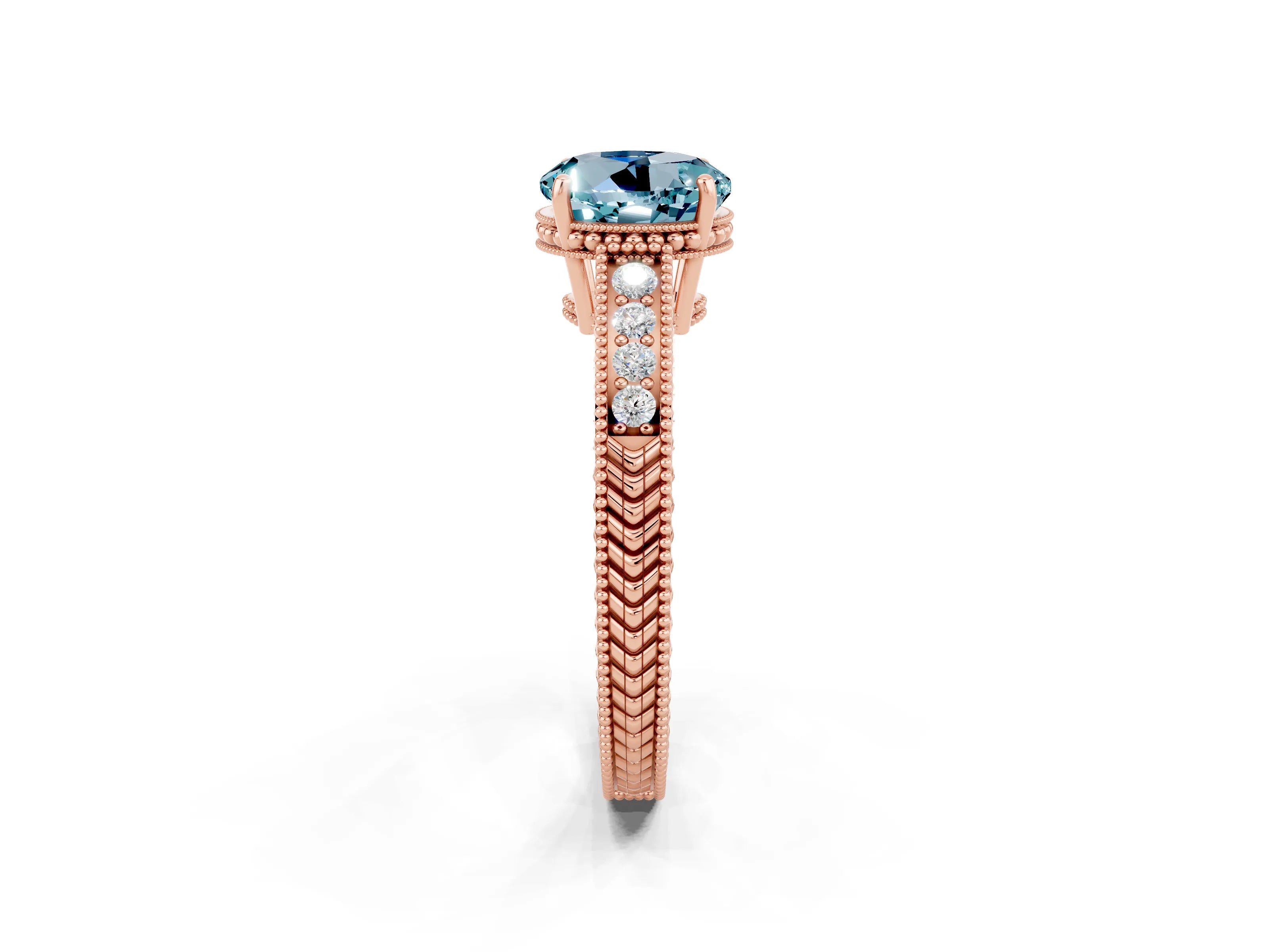 Rose gold Round Cut Aquamarine Ring with Milgrain Pavé Band and Four-Prong Setting_14