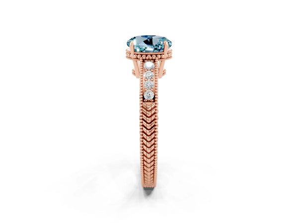 Rose gold Round Cut Aquamarine Ring with Milgrain Pavé Band and Four-Prong Setting